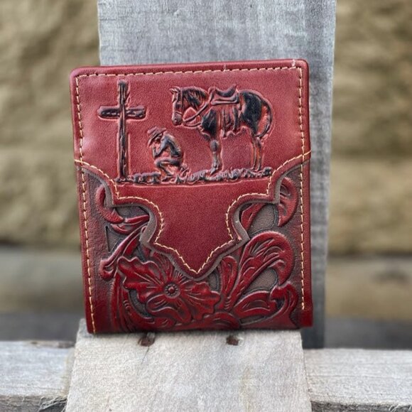 Embossed Praying Cowboy in Brown Leather with Brown Inlay Bi-Fold Wallet - Picture 1 of 3